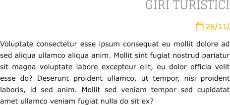 GIRI TURISTICI  26/11/ Voluptate consectetur esse ipsum consequat eu mollit dolore ad sed aliqua ullamco aliqua anim. Mollit sint fugiat nostrud pariatur sit magna voluptate labore excepteur elit, eu dolor officia velit esse do? Deserunt proident ullamco, ut tempor, nisi proident laboris, id sed anim. Mollit sed veniam tempor sed cupidatat amet ullamco veniam fugiat nulla do sit ex?